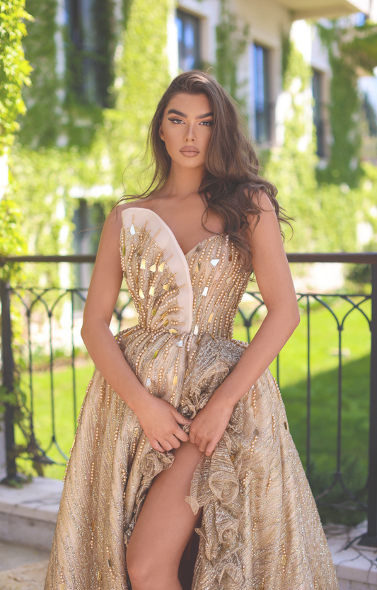 Golden Gown Crafted with Shiny Lace and Gold Mirrors