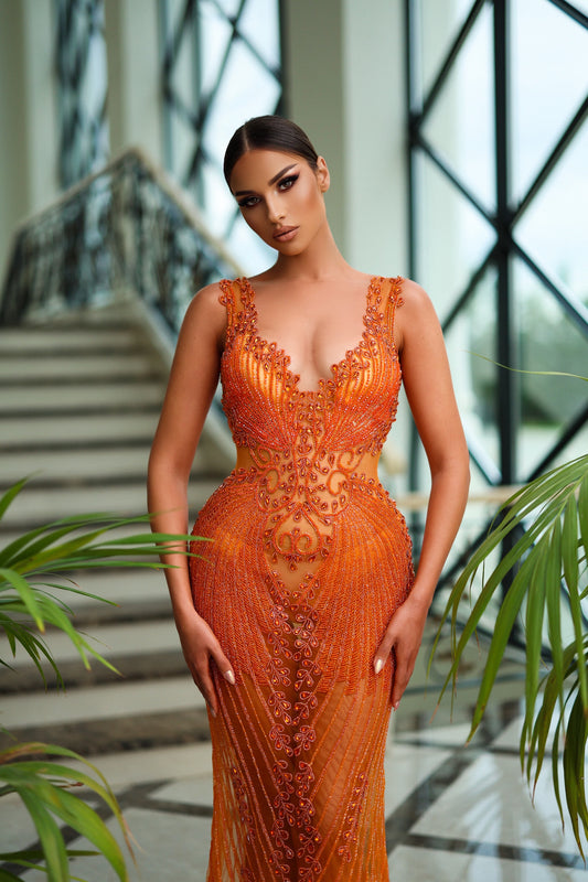 Luxury Bright Orange Color Evening Dress