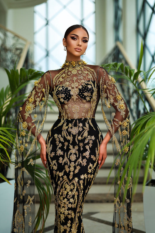 Luxury Black and Gold Color Evening Dress