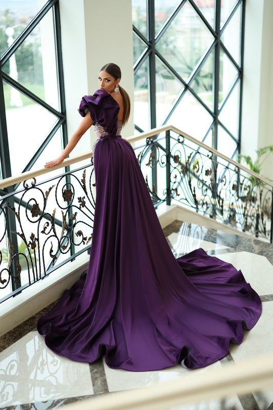 Royal Purple Evening Dress with the Detachable Train