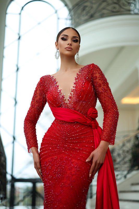 Red Evening Dress with Side Train