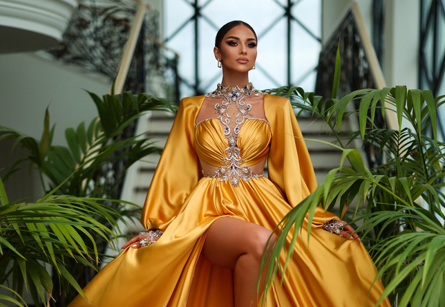 qendresa-haute-couture-fire-satin-yellow-ochre-color-dress-crystal-lace-long-open-leg- sleeves-high-neck-lace-front- luxury-custom-made-fashion-desinger-precious-stones-diva-event-special-occasion-red-carpet-glamorous