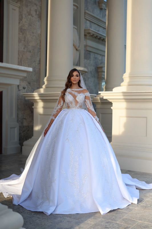 Modern Long Sleeve Wedding Dress Unique Neckline