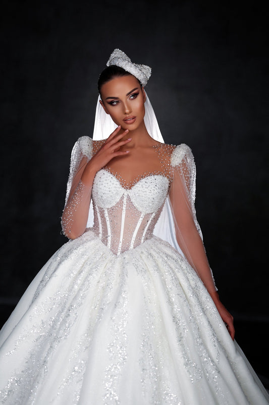 Long Sleeve Wedding Dress with V-Cut Waistline