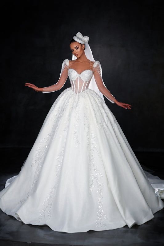 Long Sleeve Wedding Dress with V-Cut Waistline