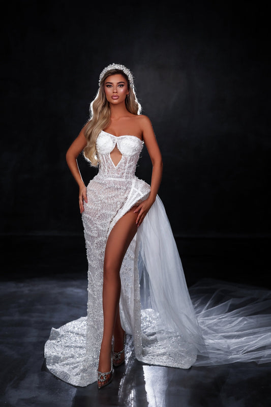 Leg Slit Mermaid Wedding Dress Modern Neckline