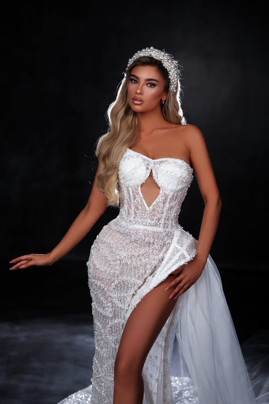 Leg Slit Mermaid Wedding Dress Modern Neckline