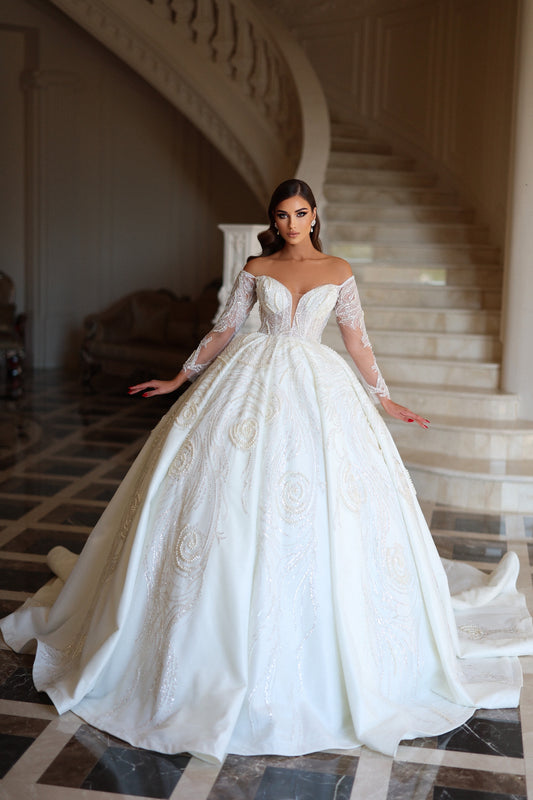 Off The Shoulder Long Sleeves Bridal Gown