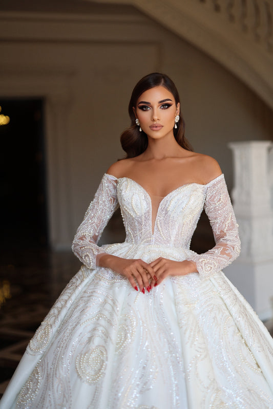 Off The Shoulder Long Sleeves Bridal Gown