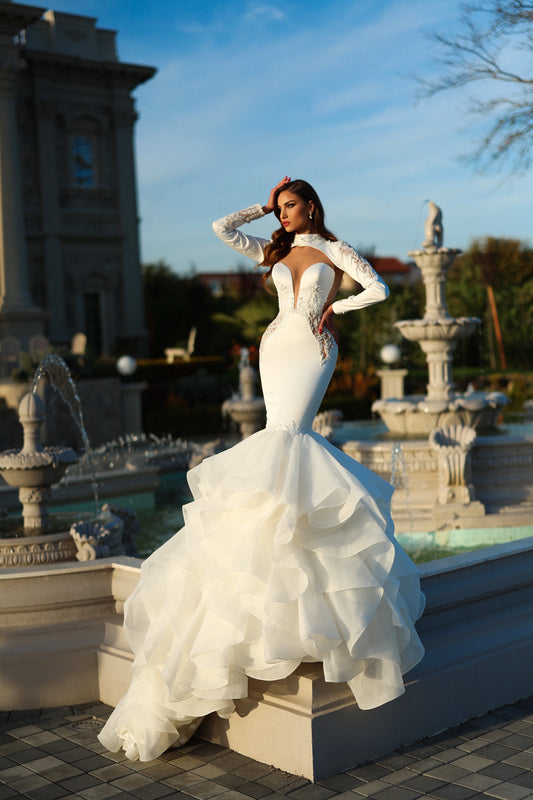 Satin Mermaid Bridal Dress with Removable Long Sleeve Bolero