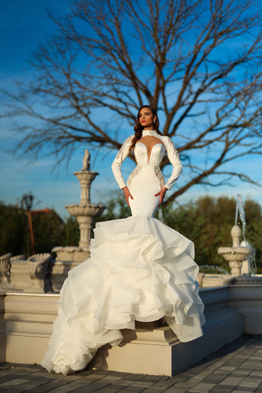 Satin Mermaid Bridal Dress with Removable Long Sleeve Bolero