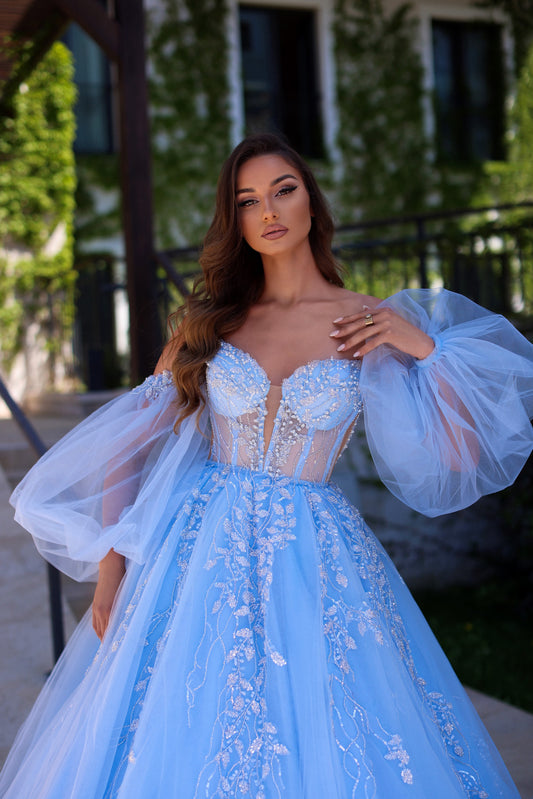 Baby Blue Evening Gown with Puffy Long Sleeves