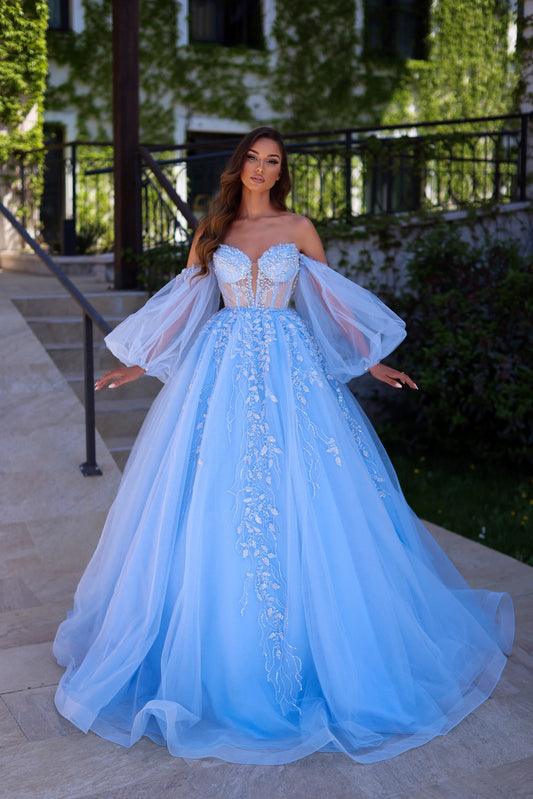 Baby Blue Evening Gown with Puffy Long Sleeves