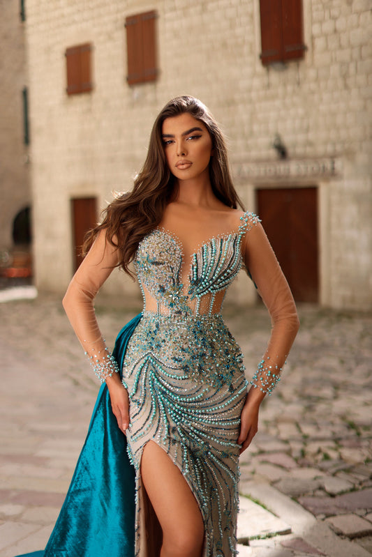 Dark Aquamarine Evening Dress with Pearls and Beads