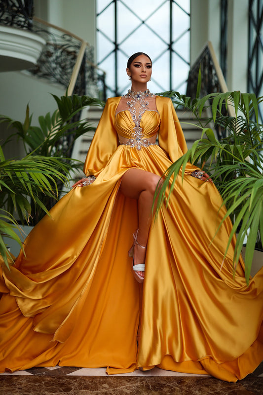 Yellow Ochre Satin Evening Dress