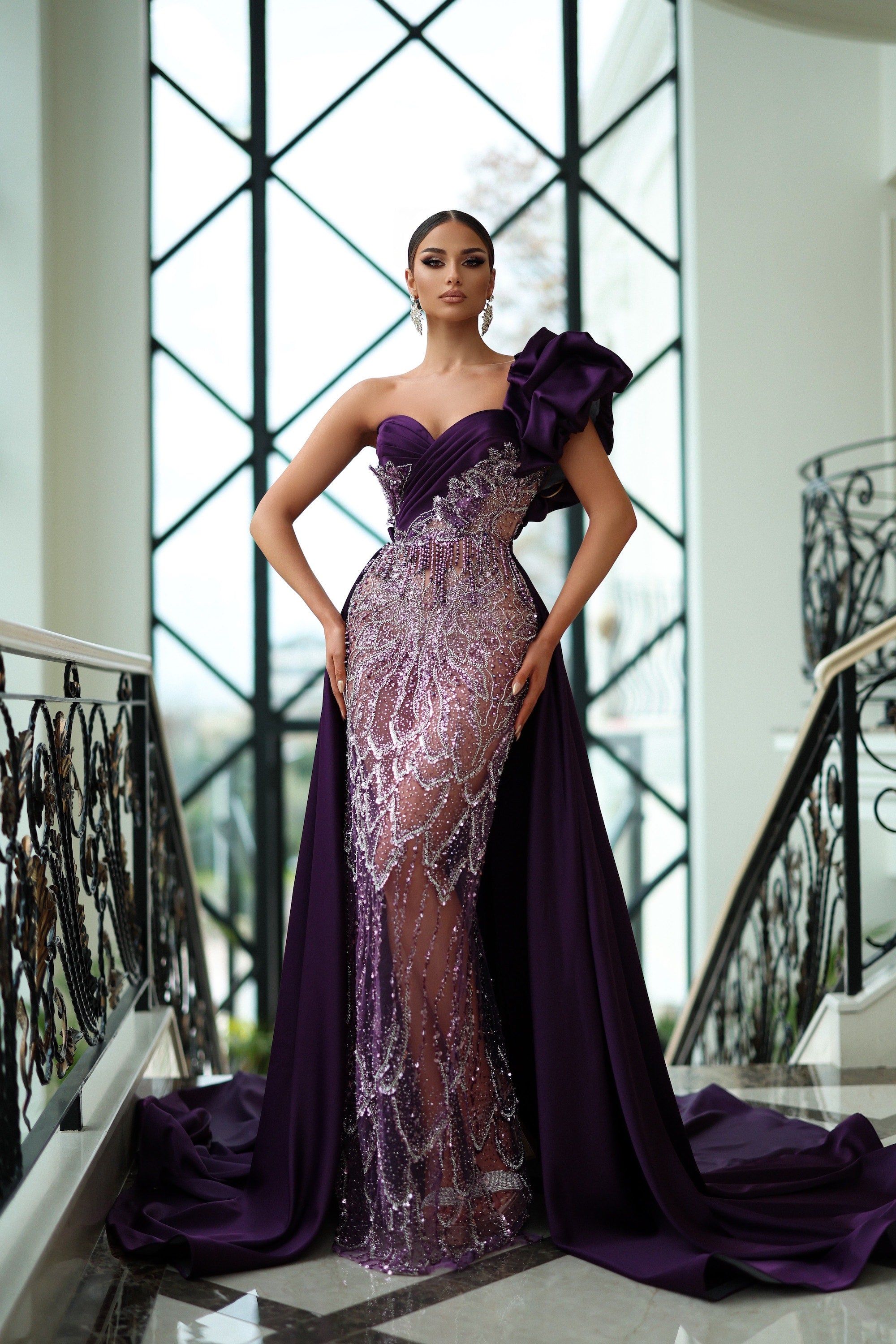 Royal Purple Evening Dress with the Detachable Train – Qëndresa